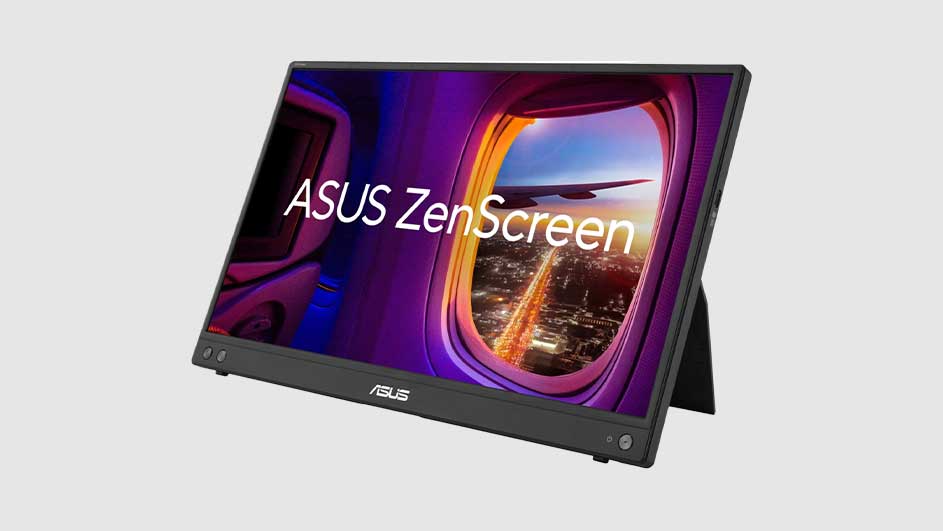 Écran ASUS ZenScreen noir, affichant une vue par hublot d'avion avec des lumières de ville en dessous. L'écran est sur un fond gris clair.