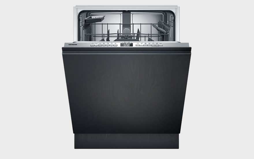 A black, half-open built-in dishwasher with visible controls at the top, featuring a sleek and stylish design for modern homes.