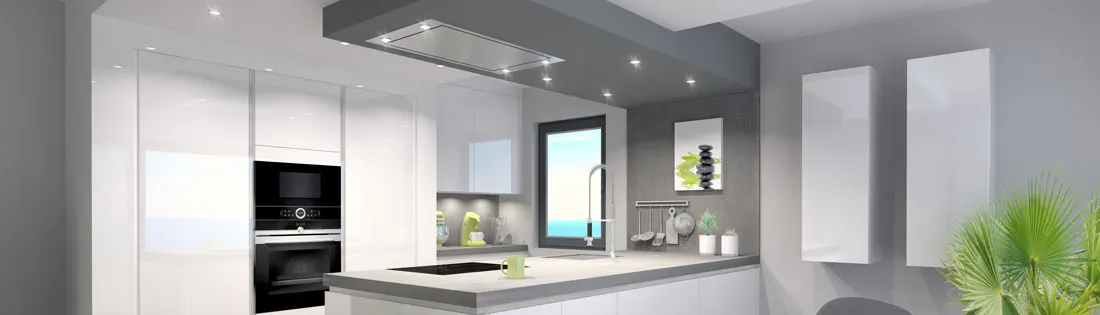 Cuisine moderne avec armoires blanches, four noir, évier près d'une fenêtre, et décorations murales sur un mur gris.
