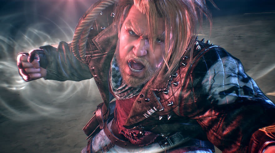 Een afbeelding van een persoon in een zwart leren jas met zilveren studs, met een rode shirt eronder, in een gevechtshouding.