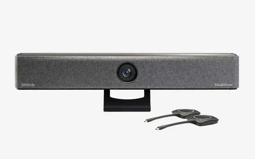 Een Barco ClickShare videobar met twee ClickShare-knoppen, geschikt voor meerdere gebruikers tijdens videovergaderingen.