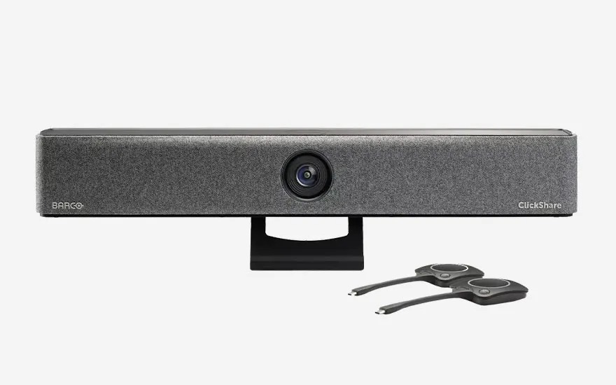 Barre vidéo Barco ClickShare avec deux boutons ClickShare, idéale pour la collaboration de plusieurs utilisateurs en réunion.