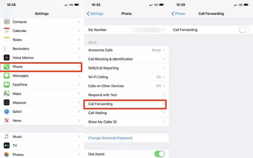 Een iPhone-scherm toont de instellingen voor 'Telefoon', met opties voor 'Oproepen doorschakelen'.
