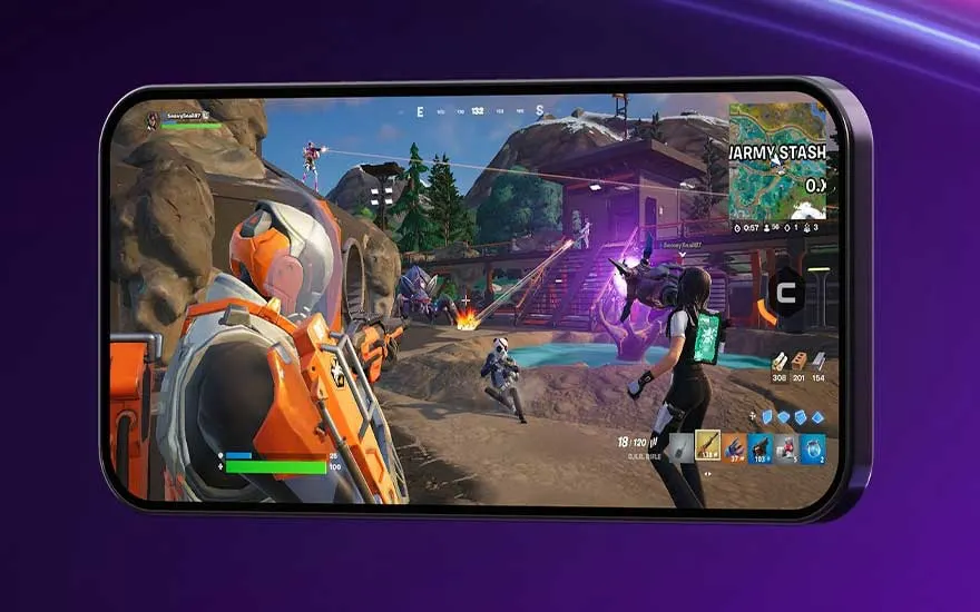 Deux smartphones noirs sur un fond blanc. L'écran du téléphone de droite affiche un dégradé de couleurs vert, violet et bleu.