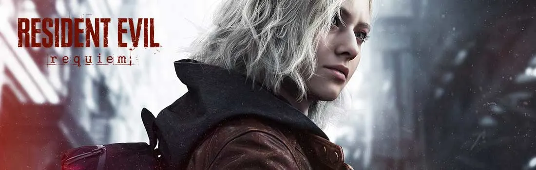 Une femme blonde en veste et sac à dos marche en ville froide ; le titre "Resident Evil Requiem" apparaît en rouge en haut à gauche.