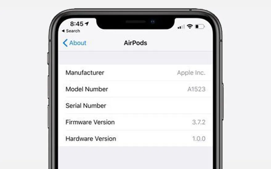 Écran d'iPhone affichant les informations des AirPods : fabricant Apple, modèle A1523, firmware 3.7.2, hardware 1.0.0.