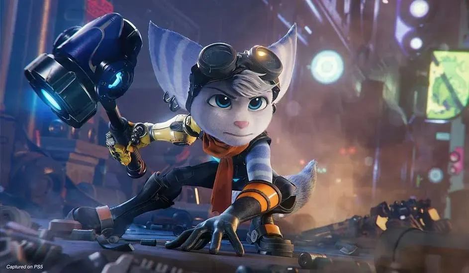 An adorable cat-like character with large eyes holds a futuristic weapon in a colourful cyberpunk-style technological environment setting.