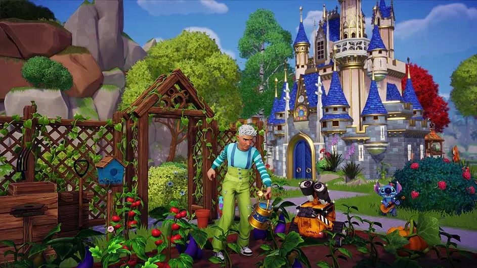 A gardener tends vibrant vegetables beside a shining castle, assisted by friendly Pixar robots and a cheeky blue alien companion.