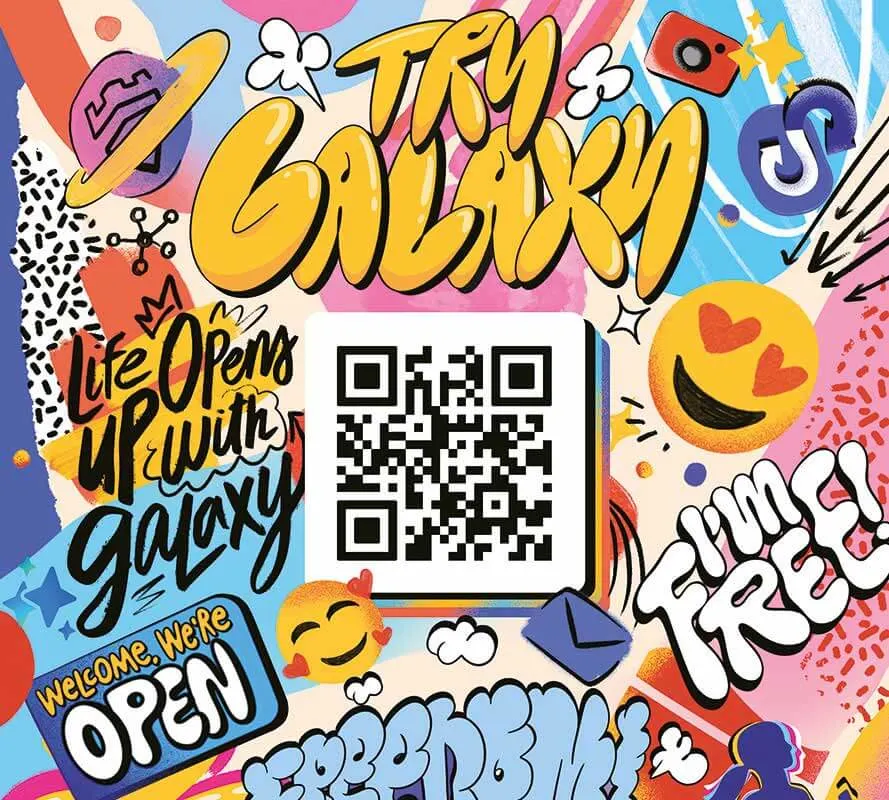 Un arrière-plan lumineux et coloré avec un code QR central, des planètes, des émoticônes, des nuages et des messages typographiques.