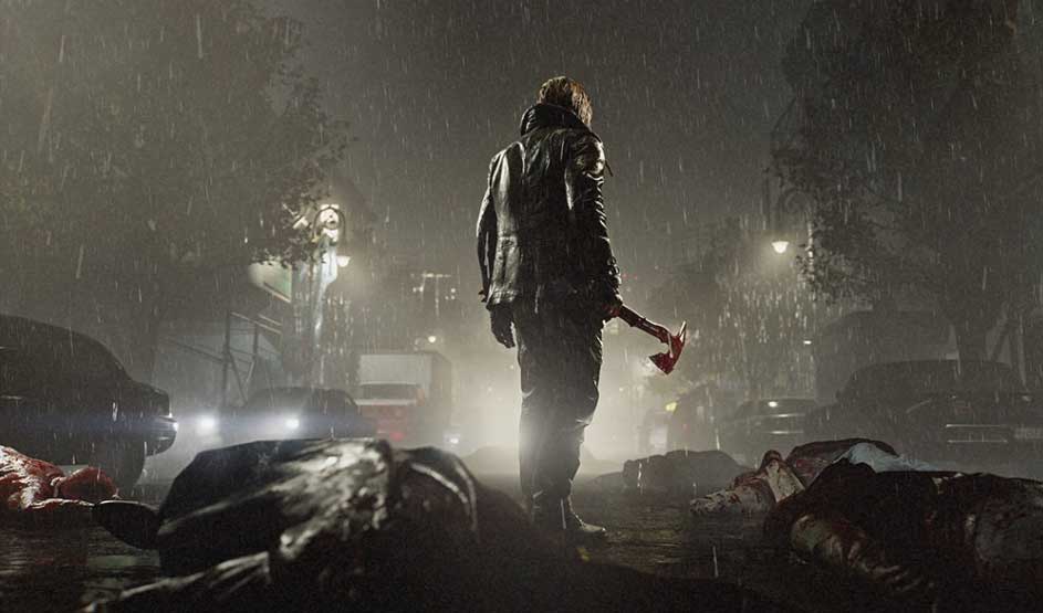 This is a video game. In heavy rain, a man in a leather coat walks a dark street under streetlights, carrying an axe past bodies on the ground.