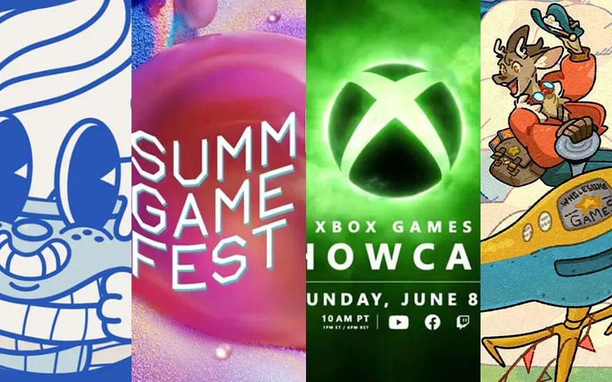 Quatre panneaux gaming : personnage squelette bleu, logo Summer Game Fest, logo vert Xbox Games Showcase, et personnage pirate cartoon.