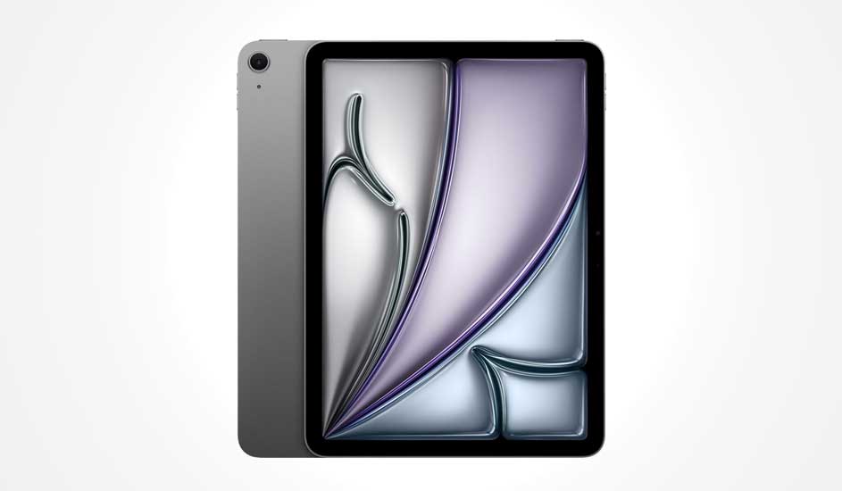 A grey tablet with a large display shows an abstract, colourful background. The camera is positioned at the top left on the back.