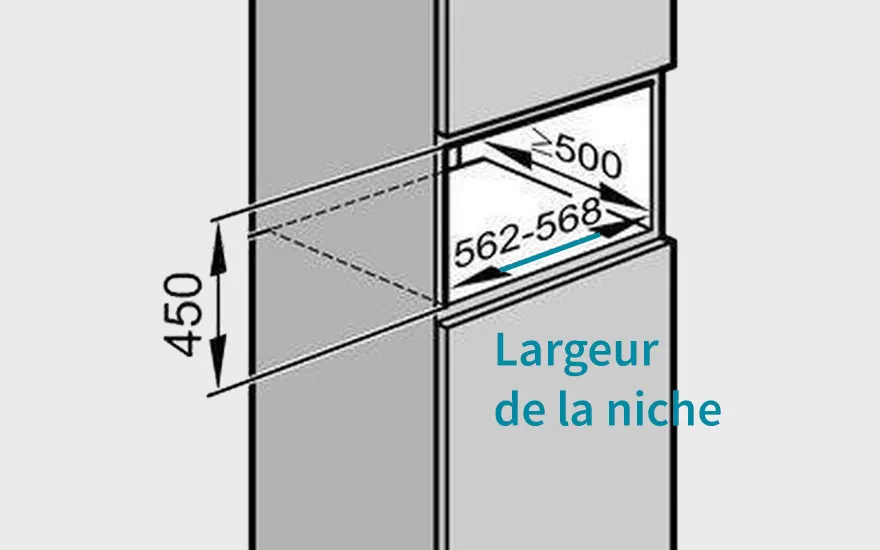 Schéma gris et blanc indiquant les dimensions d'une niche : 450, ≥500 et 562-568, avec le texte "Largeur de la niche".