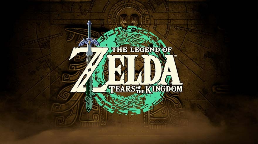 Le logo de "The Legend of Zelda: Tears of the Kingdom" avec une épée et un motif de pierre en arrière-plan.