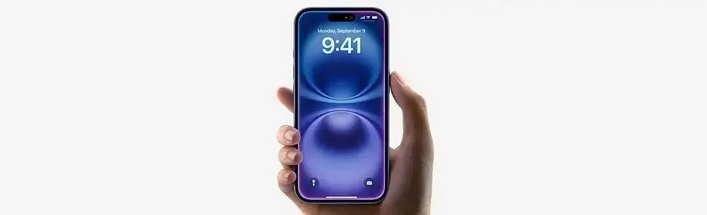 A hand holds an Apple iPhone with a purple display, slim bezels, and a Dynamic Island cut-out. The lock screen shows 9:41 on Monday, September 9.