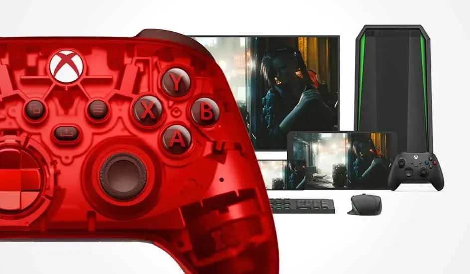 Een rode transparante Xbox-controller staat centraal, met op de achtergrond Xbox-apparaten en een game die op meerdere schermen wordt weergegeven.