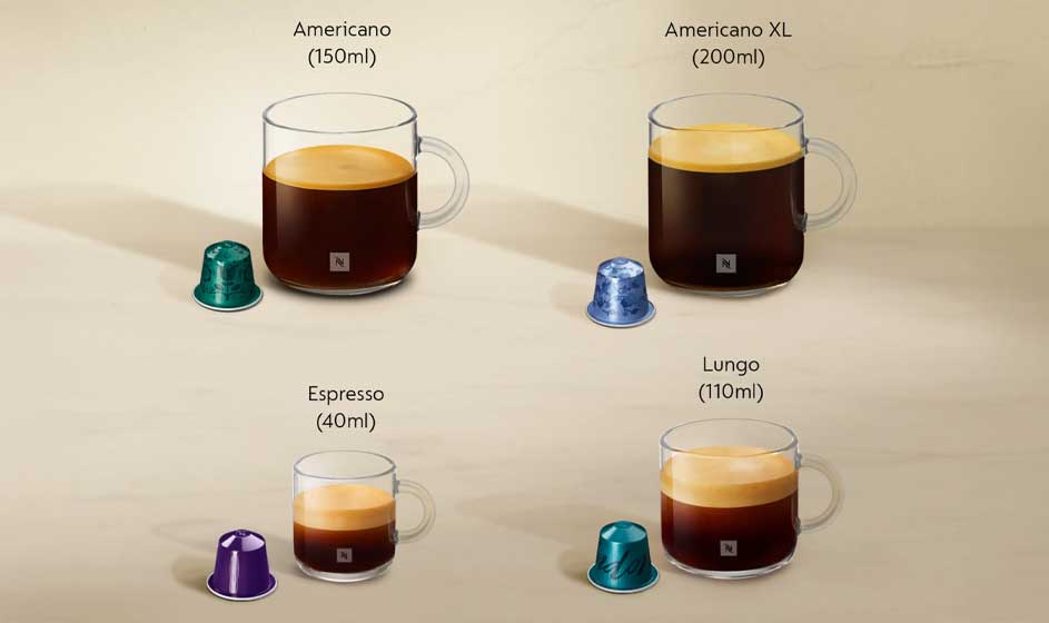 Quatre tasses montrent Americano, Americano XL, Espresso et Lungo avec capsules à côté, chacune indiquant son volume sur fond beige.