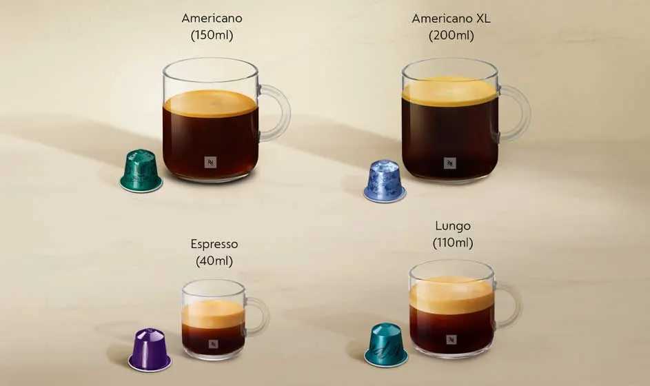 Vier koffiekopjes tonen Americano, Americano XL, Espresso en Lungo met capsules ernaast, elk met volume vermeld op een beige achtergrond.