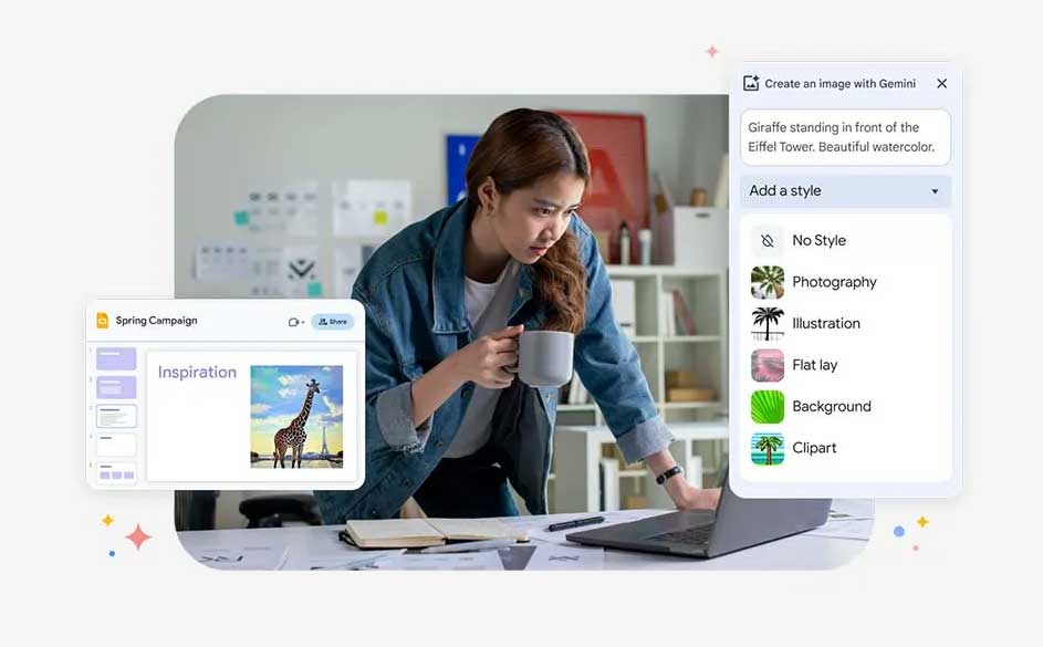 Bureau met laptop, notitieboek, en mok. Op scherm: presentatie- en beeldcreatie-interface. Achtergrond: kantoor met rekken.