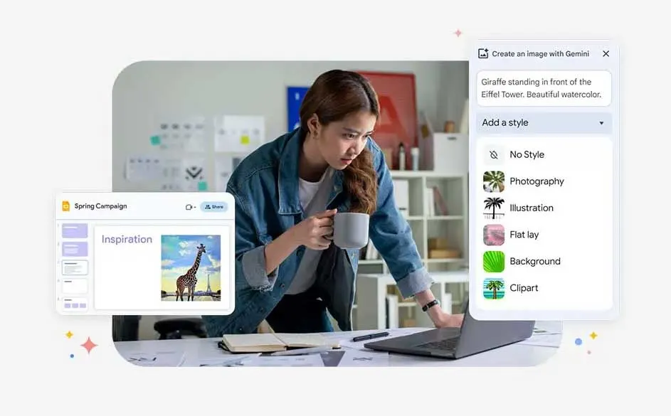 Bureau avec ordinateur portable, tasse, documents. Interface utilisateur pour créer une image avec une girafe et la Tour Eiffel.