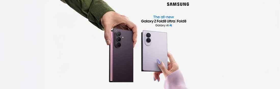 Samsung advert shows two Galaxy Z Fold8 foldable phones held by hands, with the logo and English launch text.