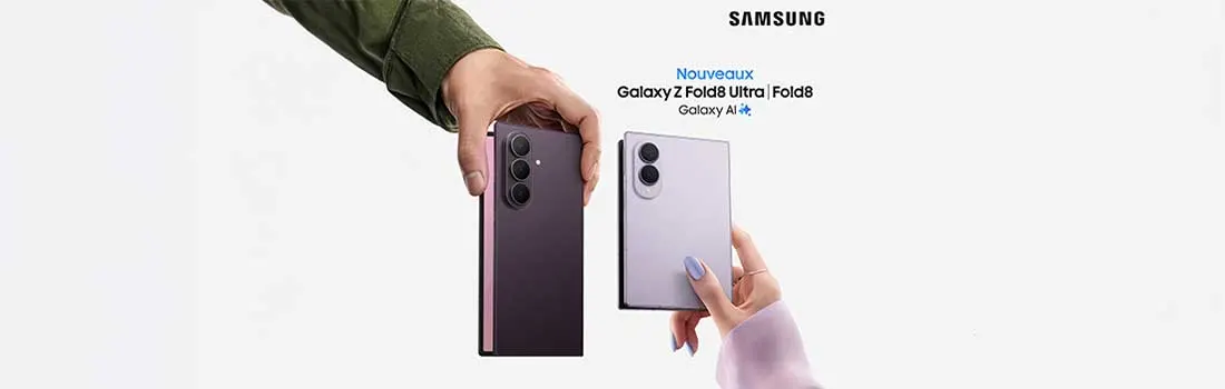 Bannière Samsung présentant deux Galaxy Z Fold8 violets, avec un texte français annonçant les nouveaux modèles et Galaxy AI.