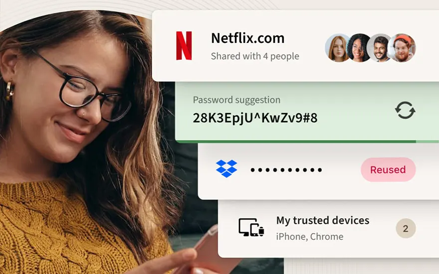 Melding van Netflix, wachtwoordsuggestie, Dropbox en vertrouwde apparaten op een scherm.