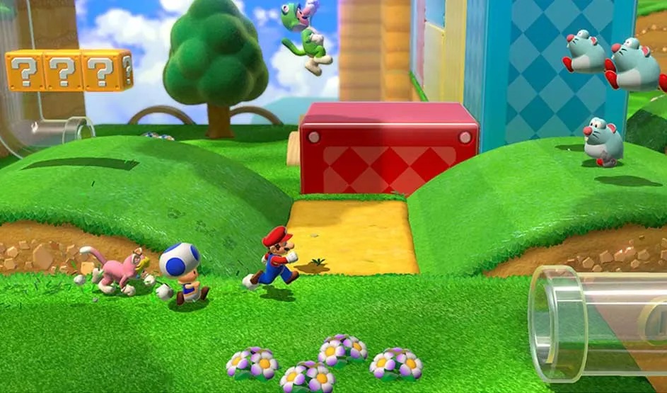 Mario, Toad en een roze kat rennen over groene heuvels met buizen, vraagtekenblokken en vijanden. Merk: Nintendo.