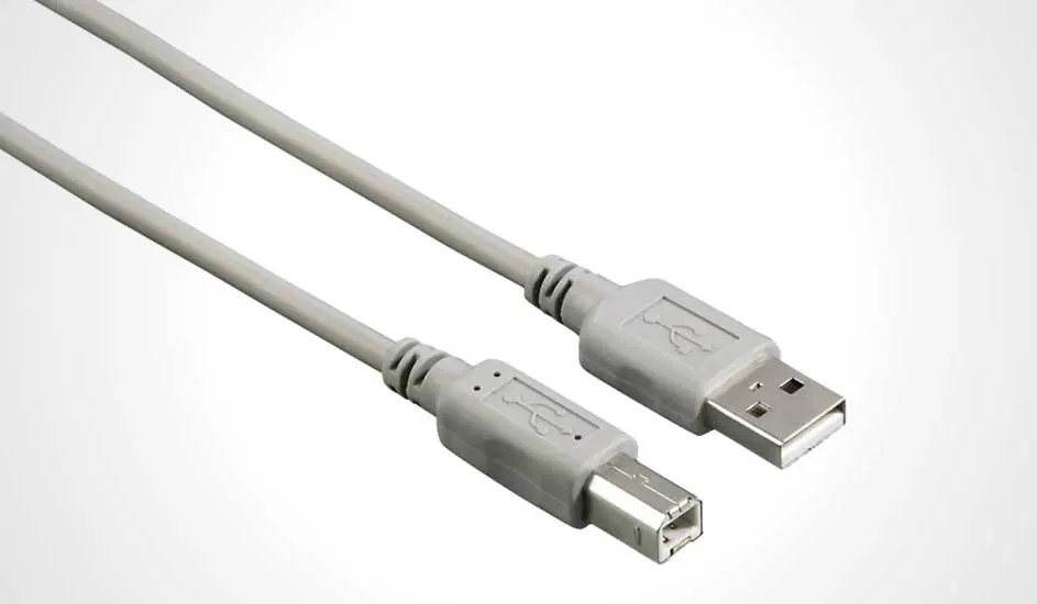 Câble gris clair avec connecteurs USB-A et USB-B sur fond blanc, reliant des appareils.