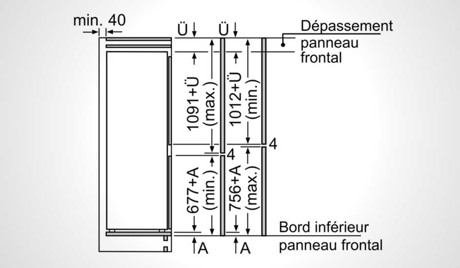 Schéma technique sur fond blanc montrant les dimensions d'un appareil avec des annotations en français.