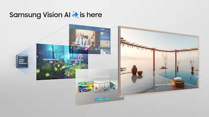 Un écran TV Samsung met en avant l’IA, illustrant l’amélioration des couleurs et fonctions dans une ambiance lumineuse et moderne.