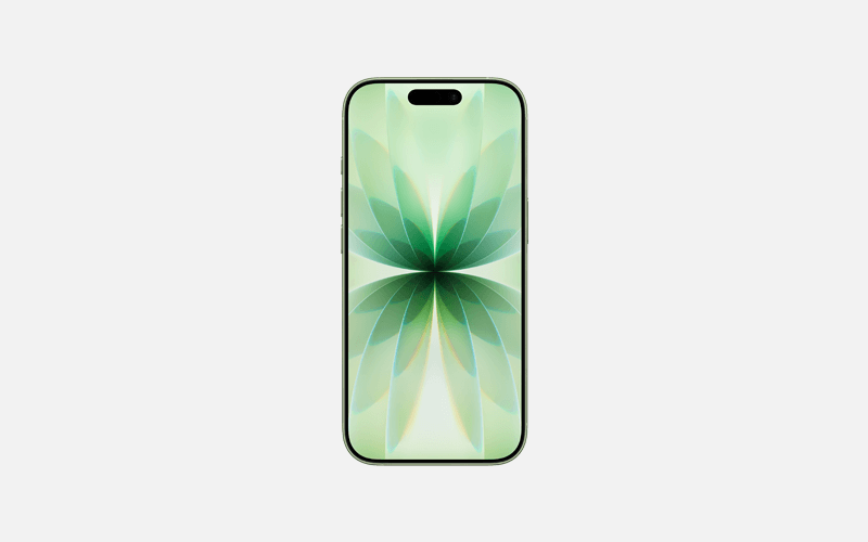 Smartphone from the front with a green, flower-like wallpaper on the screen.