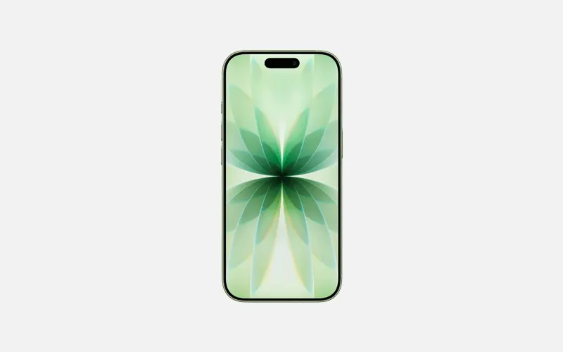 Smartphone from the front with a green, flower-like wallpaper on the screen.