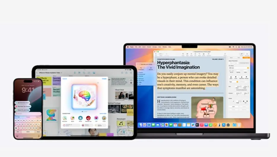 Een iPhone, iPad en MacBook tonen schermen met apps en tekst op een witte achtergrond.
