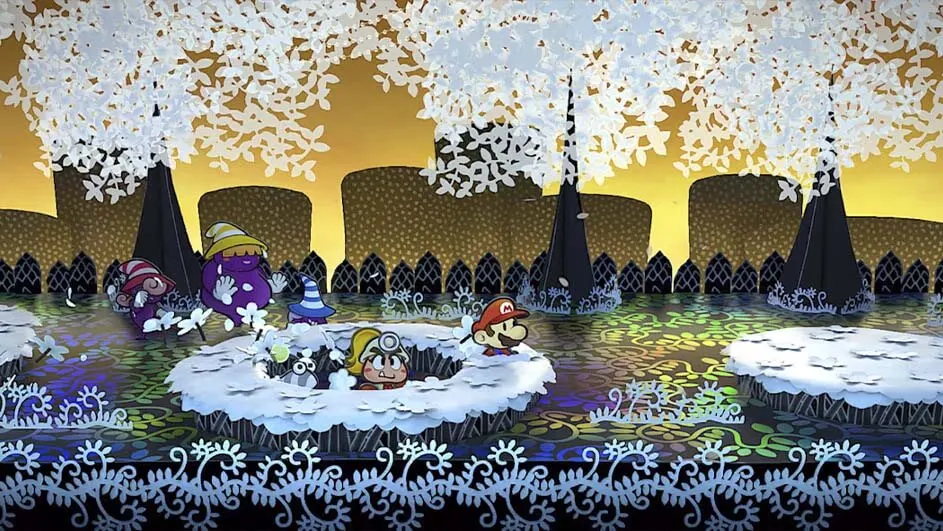 Un paysage stylisé avec Mario et d'autres personnages sur une surface décorée, devant des arbres noirs et un ciel jaune.