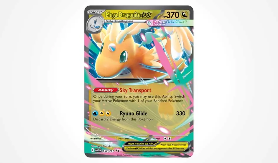 Une carte Mega Dragonite ex se détache au centre sur fond blanc, avec reflets dorés, traits colorés et 370 PV visibles en haut.