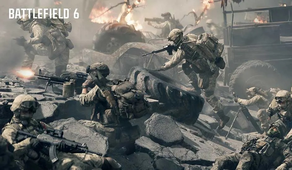 Dit is een videogame. Soldaten vechten in een verwoest landschap vol rook, vuur en wrakken, terwijl ze dekking zoeken tussen puin.