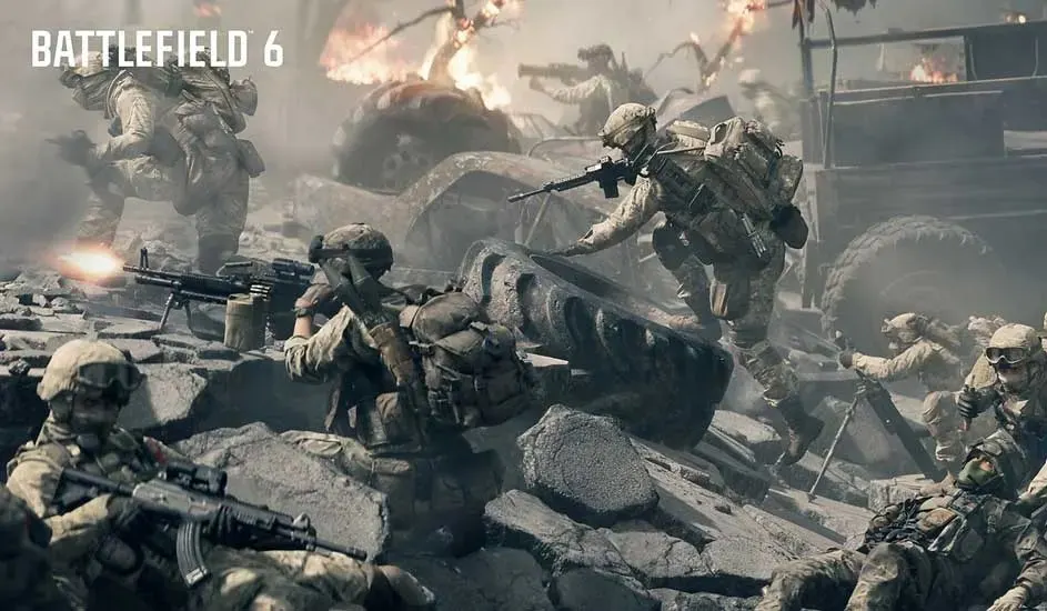 Dit is een videogame. Soldaten vechten in een verwoest landschap vol rook, vuur en wrakken, terwijl ze dekking zoeken tussen puin.