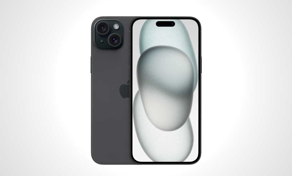 Een grijze smartphone met drie cameralenzen en een zwart logo staat naast een scherm met een abstracte, grijze afbeelding.