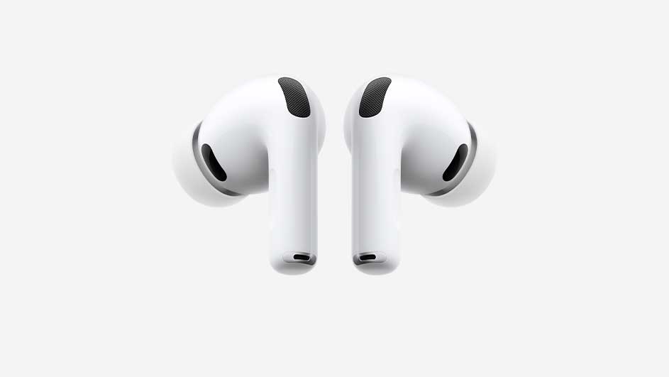 Close-up of two white wireless earbuds with silicone tips and subtle black speaker grilles, shown symmetrically against a clean light grey background.