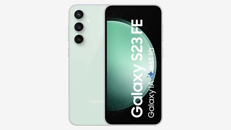 A light green smartphone displays "Galaxy S23 FE" on its black screen. Three camera lenses are visible on the phone's back.