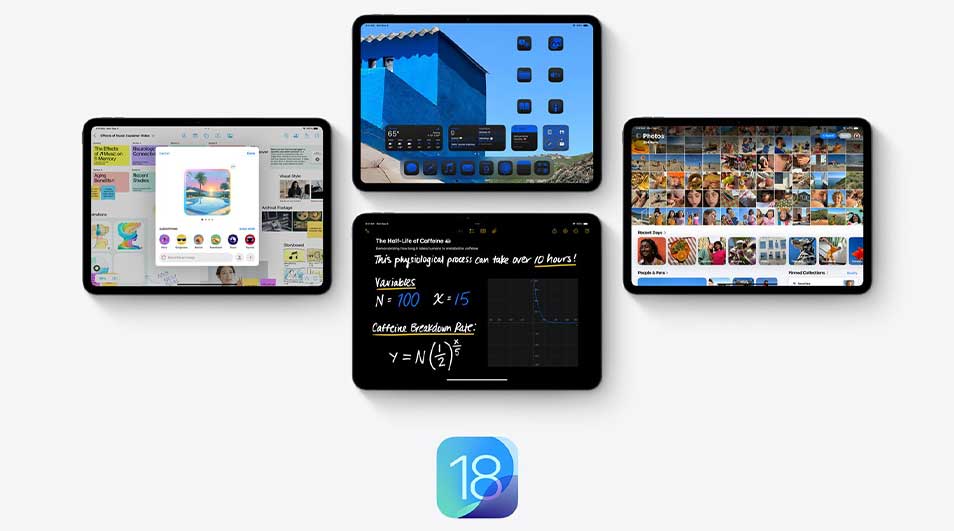 Quatre iPads affichent diverses applications : outils créatifs, écran d'accueil avec widgets, calculs mathématiques et galerie photos.