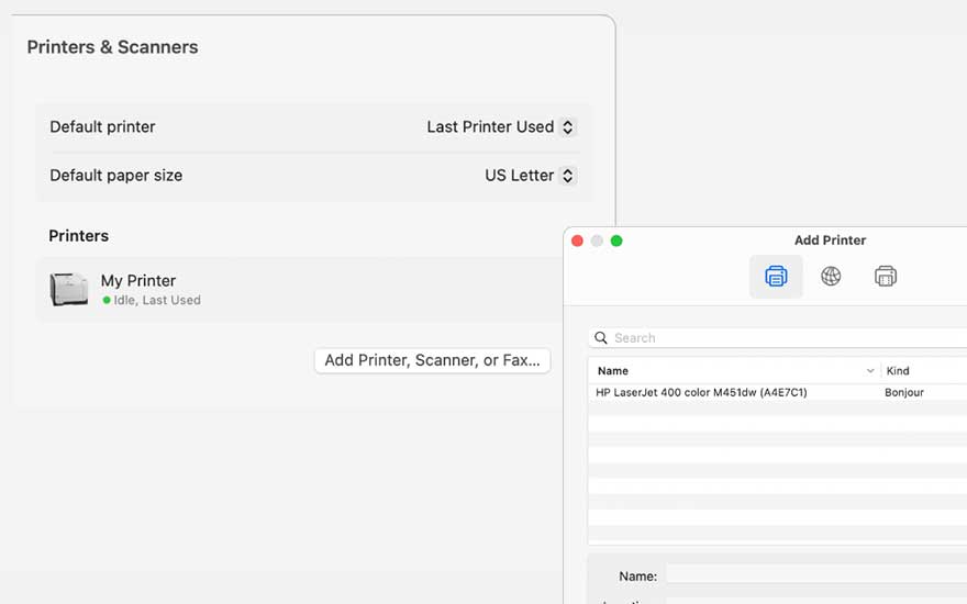 Fenêtres d'imprimantes et scanners affichant les paramètres par défaut et une liste d'imprimantes, avec une option pour en ajouter.