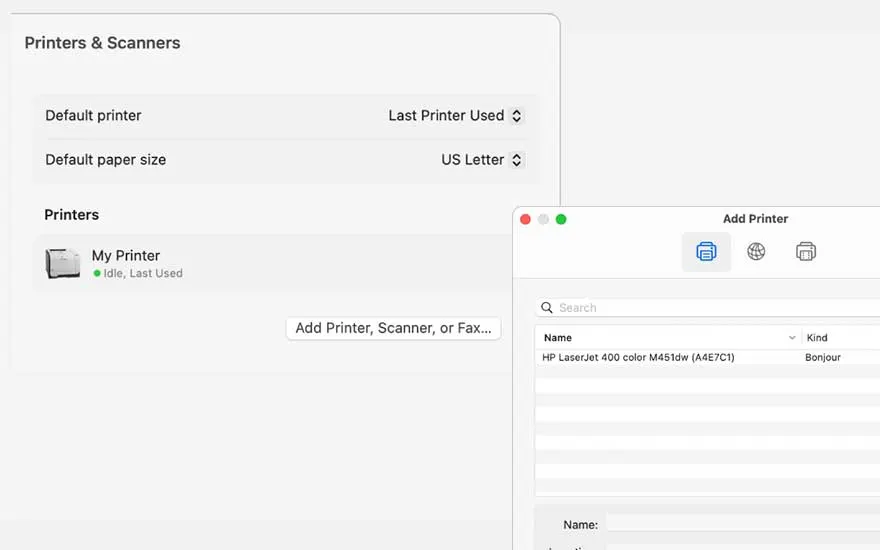 Fenêtres d'imprimantes et scanners affichant les paramètres par défaut et une liste d'imprimantes, avec une option pour en ajouter.