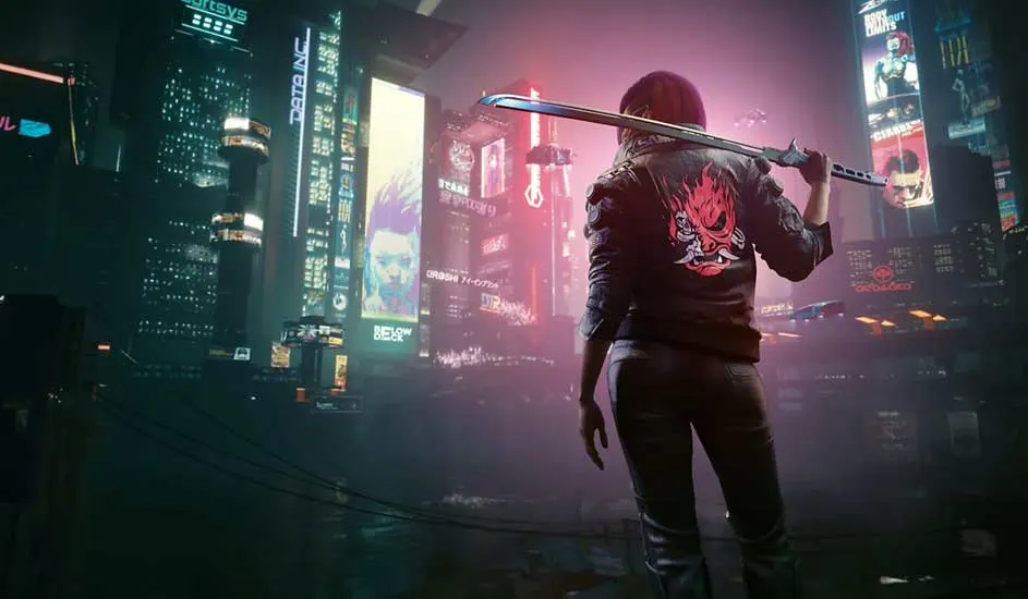 Dit is een videogame. Een persoon met een katana en opvallende jas kijkt uit over een neon-verlichte futuristische stad vol hoge gebouwen.