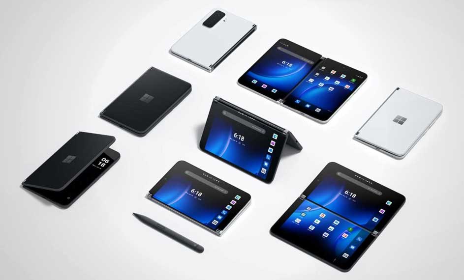 Divers appareils noirs et blancs, certains ouverts avec un écran bleu, et un stylet sur une surface blanche.