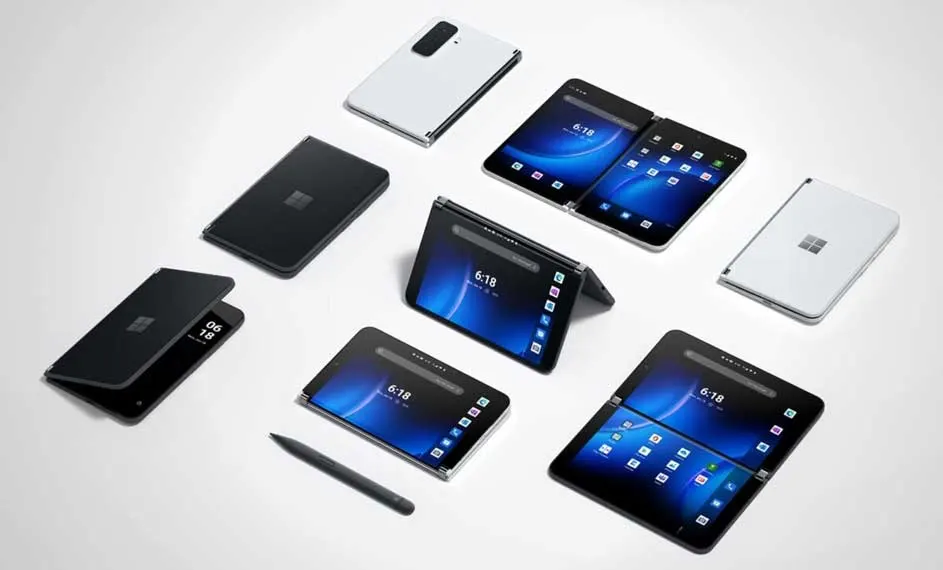 Divers appareils noirs et blancs, certains ouverts avec un écran bleu, et un stylet sur une surface blanche.