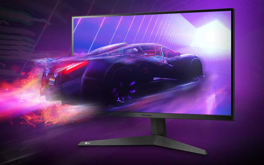 Écran noir LG sur fond violet, affichant une voiture de course violette avec des lumières rouges.