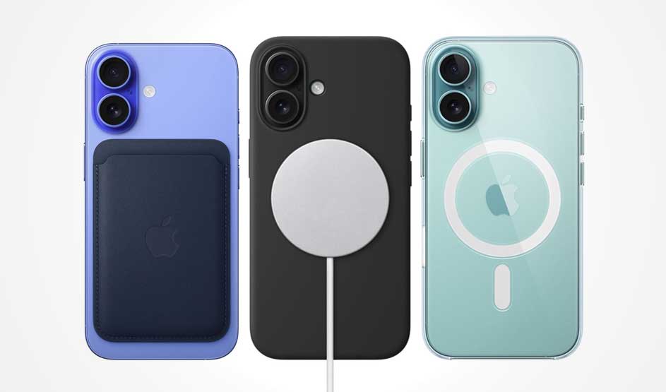 Drie smartphones van achteren: links met donkere kaarthouder, midden met ronde magnetische lader en kabel, rechts met MagSafe-ring op mintgroen.