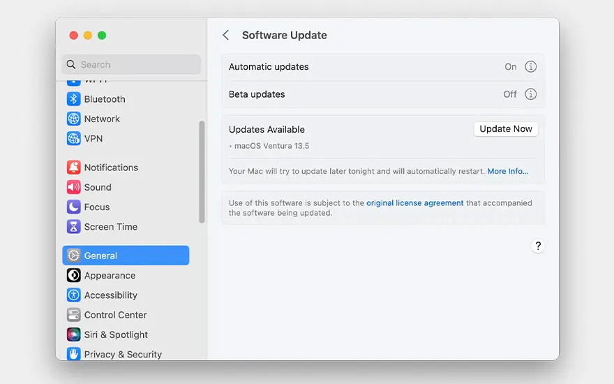 Mac System Preferences Software Update screen shows available updates, automatic updates enabled, beta updates off.